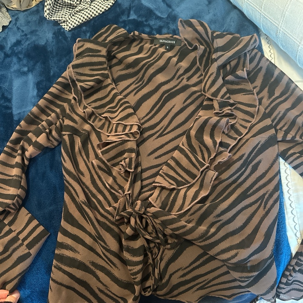 Zebra Print Ruffle Tie-Front Top